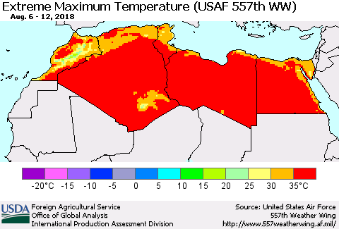 North Africa Maximum Daily Temperature (USAF 557th WW) Thematic Map For 8/6/2018 - 8/12/2018