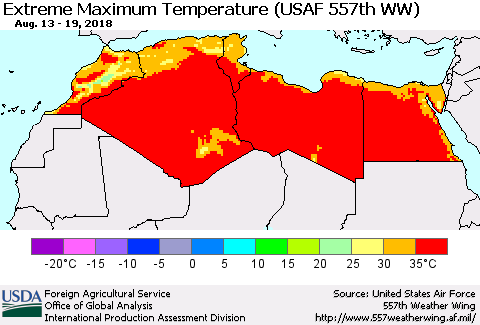 North Africa Maximum Daily Temperature (USAF 557th WW) Thematic Map For 8/13/2018 - 8/19/2018