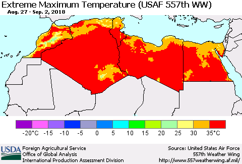North Africa Maximum Daily Temperature (USAF 557th WW) Thematic Map For 8/27/2018 - 9/2/2018
