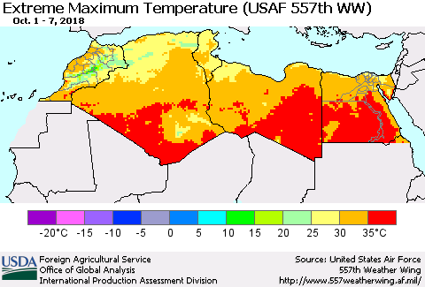 North Africa Maximum Daily Temperature (USAF 557th WW) Thematic Map For 10/1/2018 - 10/7/2018