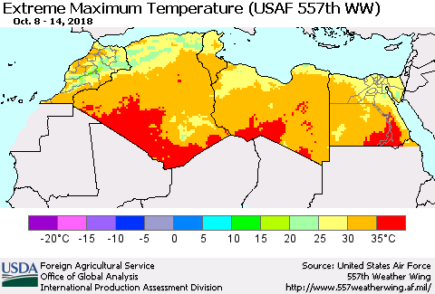 North Africa Maximum Daily Temperature (USAF 557th WW) Thematic Map For 10/8/2018 - 10/14/2018