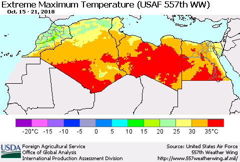 North Africa Maximum Daily Temperature (USAF 557th WW) Thematic Map For 10/15/2018 - 10/21/2018