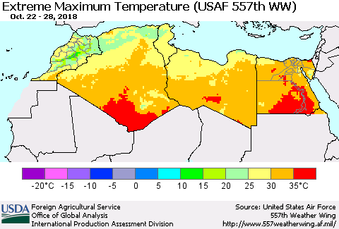 North Africa Maximum Daily Temperature (USAF 557th WW) Thematic Map For 10/22/2018 - 10/28/2018