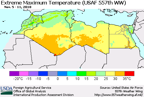 North Africa Maximum Daily Temperature (USAF 557th WW) Thematic Map For 11/5/2018 - 11/11/2018