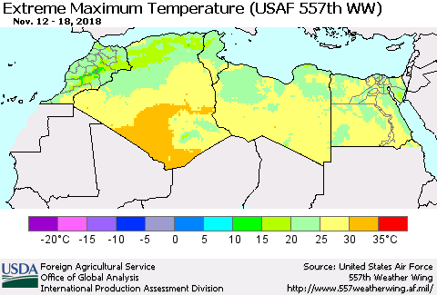 North Africa Maximum Daily Temperature (USAF 557th WW) Thematic Map For 11/12/2018 - 11/18/2018