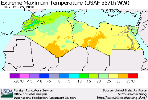 North Africa Maximum Daily Temperature (USAF 557th WW) Thematic Map For 11/19/2018 - 11/25/2018
