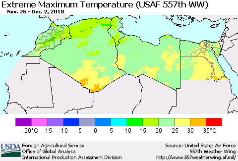 North Africa Maximum Daily Temperature (USAF 557th WW) Thematic Map For 11/26/2018 - 12/2/2018