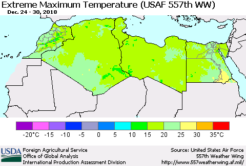 North Africa Maximum Daily Temperature (USAF 557th WW) Thematic Map For 12/24/2018 - 12/30/2018
