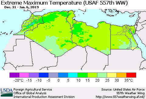 North Africa Maximum Daily Temperature (USAF 557th WW) Thematic Map For 12/31/2018 - 1/6/2019