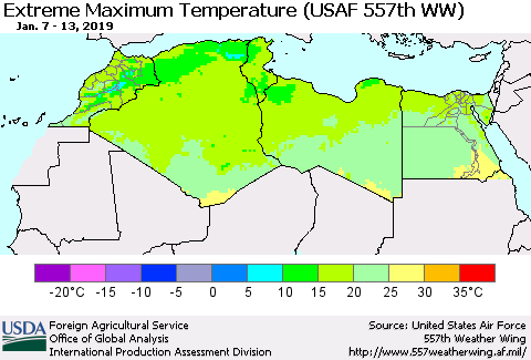 North Africa Maximum Daily Temperature (USAF 557th WW) Thematic Map For 1/7/2019 - 1/13/2019