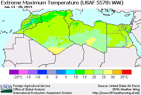 North Africa Maximum Daily Temperature (USAF 557th WW) Thematic Map For 1/14/2019 - 1/20/2019