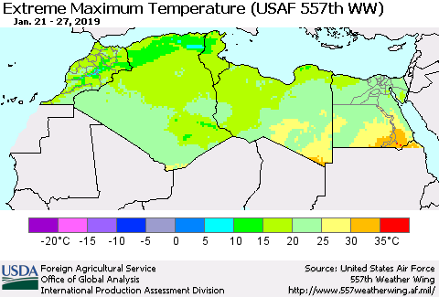North Africa Maximum Daily Temperature (USAF 557th WW) Thematic Map For 1/21/2019 - 1/27/2019