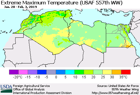 North Africa Maximum Daily Temperature (USAF 557th WW) Thematic Map For 1/28/2019 - 2/3/2019