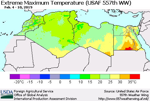 North Africa Maximum Daily Temperature (USAF 557th WW) Thematic Map For 2/4/2019 - 2/10/2019