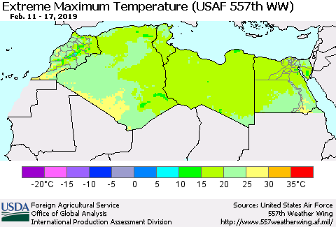 North Africa Maximum Daily Temperature (USAF 557th WW) Thematic Map For 2/11/2019 - 2/17/2019