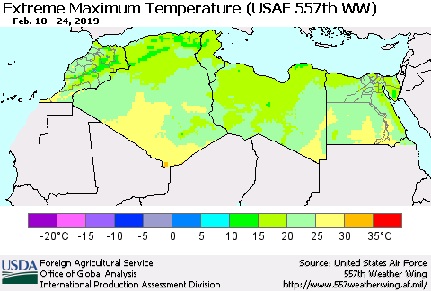 North Africa Maximum Daily Temperature (USAF 557th WW) Thematic Map For 2/18/2019 - 2/24/2019