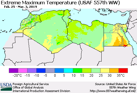 North Africa Maximum Daily Temperature (USAF 557th WW) Thematic Map For 2/25/2019 - 3/3/2019