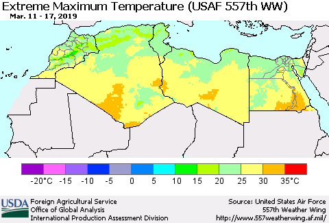 North Africa Maximum Daily Temperature (USAF 557th WW) Thematic Map For 3/11/2019 - 3/17/2019