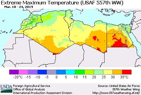 North Africa Maximum Daily Temperature (USAF 557th WW) Thematic Map For 3/18/2019 - 3/24/2019