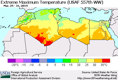 North Africa Maximum Daily Temperature (USAF 557th WW) Thematic Map For 3/25/2019 - 3/31/2019