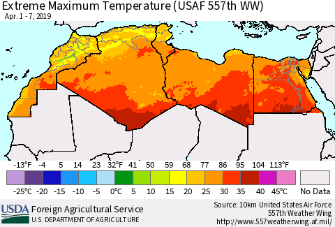 North Africa Maximum Daily Temperature (USAF 557th WW) Thematic Map For 4/1/2019 - 4/7/2019