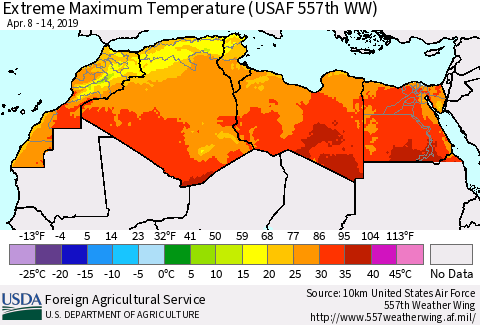 North Africa Maximum Daily Temperature (USAF 557th WW) Thematic Map For 4/8/2019 - 4/14/2019
