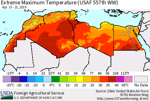 North Africa Maximum Daily Temperature (USAF 557th WW) Thematic Map For 4/15/2019 - 4/21/2019