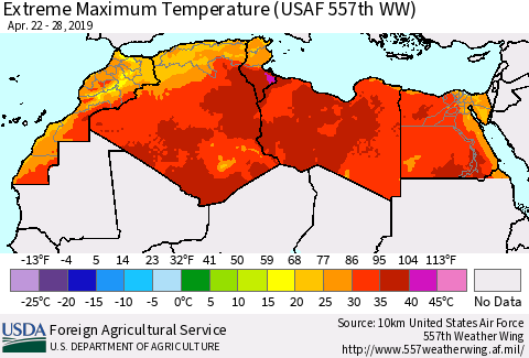 North Africa Maximum Daily Temperature (USAF 557th WW) Thematic Map For 4/22/2019 - 4/28/2019