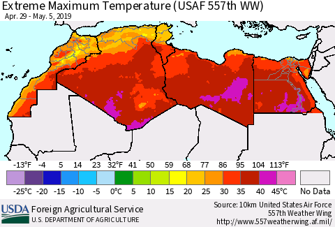 North Africa Maximum Daily Temperature (USAF 557th WW) Thematic Map For 4/29/2019 - 5/5/2019