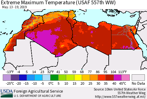 North Africa Maximum Daily Temperature (USAF 557th WW) Thematic Map For 5/13/2019 - 5/19/2019