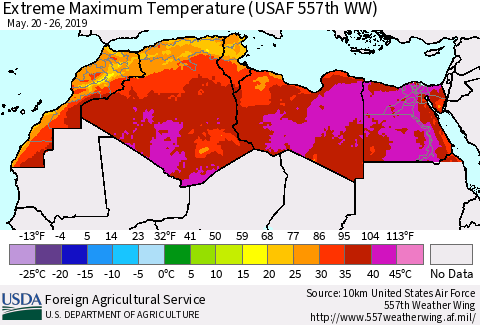 North Africa Maximum Daily Temperature (USAF 557th WW) Thematic Map For 5/20/2019 - 5/26/2019