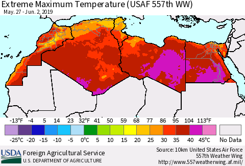 North Africa Maximum Daily Temperature (USAF 557th WW) Thematic Map For 5/27/2019 - 6/2/2019