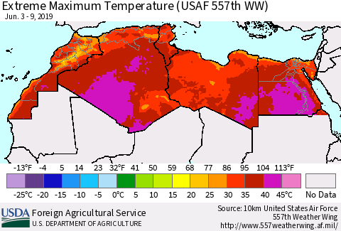 North Africa Maximum Daily Temperature (USAF 557th WW) Thematic Map For 6/3/2019 - 6/9/2019