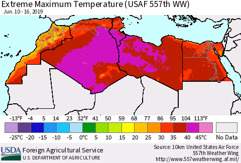 North Africa Maximum Daily Temperature (USAF 557th WW) Thematic Map For 6/10/2019 - 6/16/2019