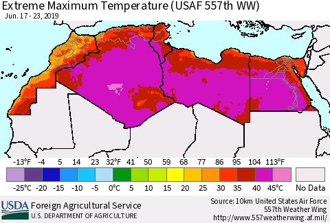 North Africa Maximum Daily Temperature (USAF 557th WW) Thematic Map For 6/17/2019 - 6/23/2019