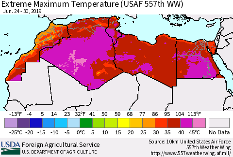 North Africa Maximum Daily Temperature (USAF 557th WW) Thematic Map For 6/24/2019 - 6/30/2019