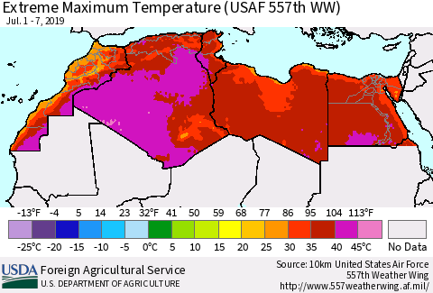 North Africa Maximum Daily Temperature (USAF 557th WW) Thematic Map For 7/1/2019 - 7/7/2019