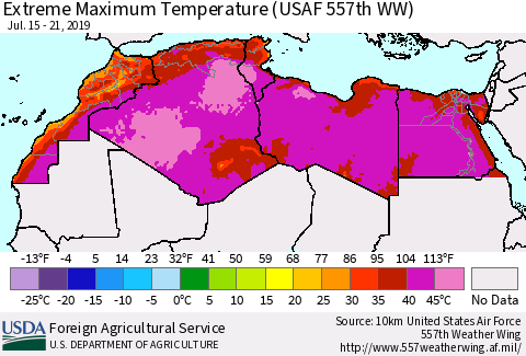 North Africa Maximum Daily Temperature (USAF 557th WW) Thematic Map For 7/15/2019 - 7/21/2019
