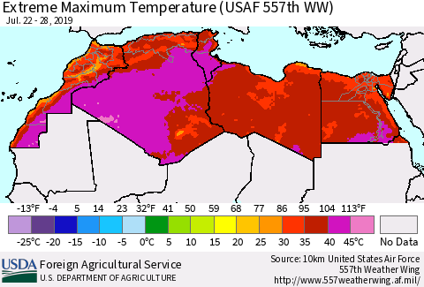 North Africa Maximum Daily Temperature (USAF 557th WW) Thematic Map For 7/22/2019 - 7/28/2019