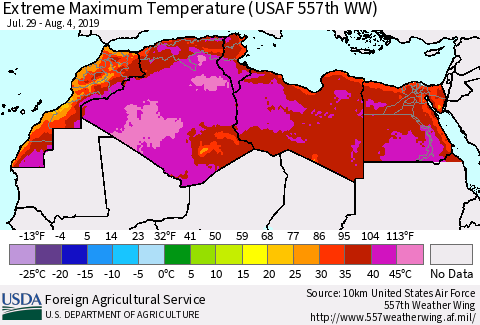 North Africa Maximum Daily Temperature (USAF 557th WW) Thematic Map For 7/29/2019 - 8/4/2019