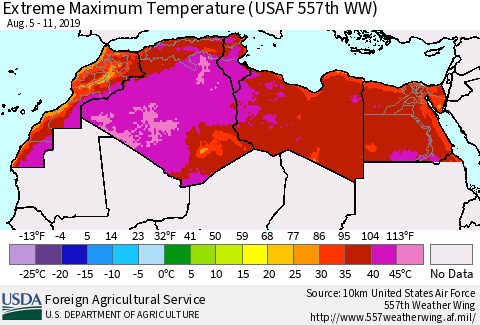 North Africa Maximum Daily Temperature (USAF 557th WW) Thematic Map For 8/5/2019 - 8/11/2019