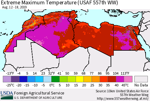 North Africa Maximum Daily Temperature (USAF 557th WW) Thematic Map For 8/12/2019 - 8/18/2019