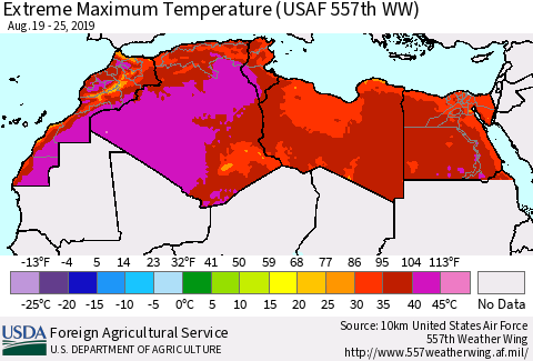 North Africa Maximum Daily Temperature (USAF 557th WW) Thematic Map For 8/19/2019 - 8/25/2019