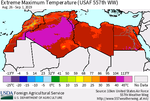 North Africa Maximum Daily Temperature (USAF 557th WW) Thematic Map For 8/26/2019 - 9/1/2019
