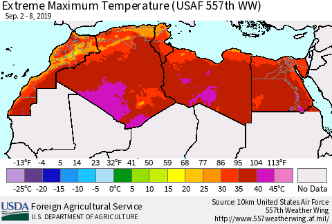 North Africa Maximum Daily Temperature (USAF 557th WW) Thematic Map For 9/2/2019 - 9/8/2019
