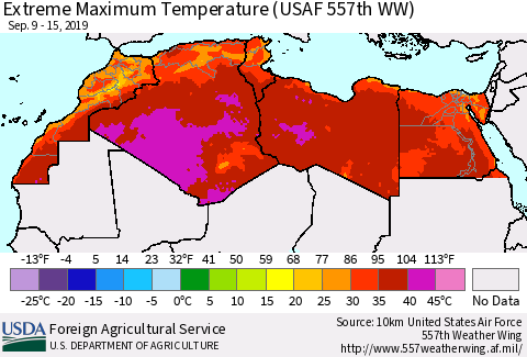 North Africa Maximum Daily Temperature (USAF 557th WW) Thematic Map For 9/9/2019 - 9/15/2019