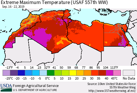 North Africa Maximum Daily Temperature (USAF 557th WW) Thematic Map For 9/16/2019 - 9/22/2019
