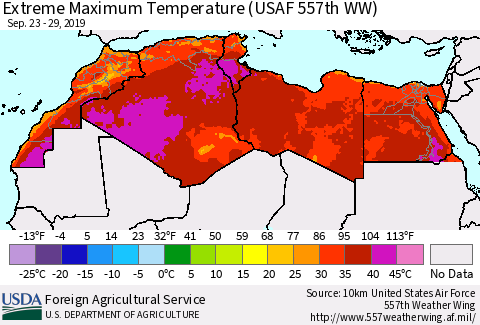 North Africa Maximum Daily Temperature (USAF 557th WW) Thematic Map For 9/23/2019 - 9/29/2019
