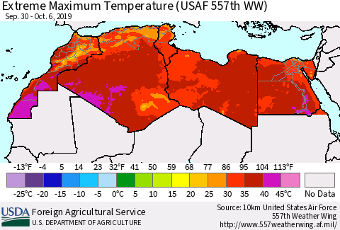 North Africa Maximum Daily Temperature (USAF 557th WW) Thematic Map For 9/30/2019 - 10/6/2019