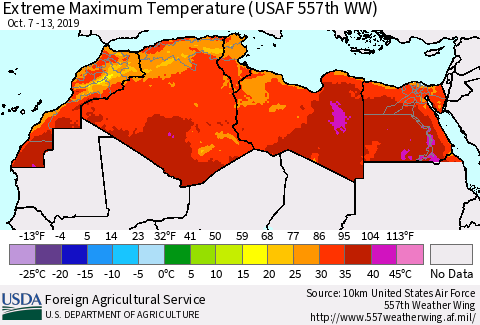 North Africa Maximum Daily Temperature (USAF 557th WW) Thematic Map For 10/7/2019 - 10/13/2019